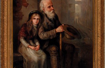 Painting of a young girl and an old man sitting on a bench together