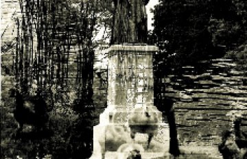 Double exposure photograph of a statue and Canadian Geese