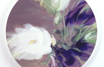 painting of a white and purple flower, somewhat blurry