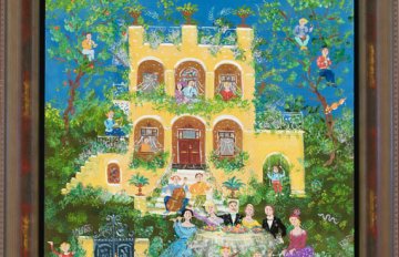 colourful painting of a large yellow house with people in the windows and playing in the front yard