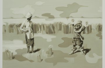 greyscale painting of a cat in boots trying to scare a man in a turban