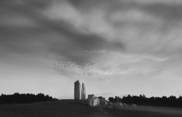 A black and white photograph of large rocks shaped like pillars in the middle of a field and birds flying in the sky