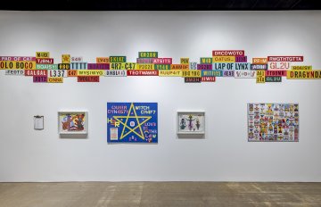 Installation view of FASTWURMS mixed media paintings and colorful text-based metal panels