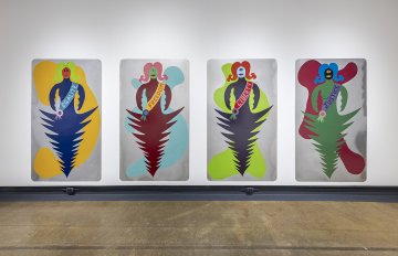 Four large portraits of abstract alien figures with french text