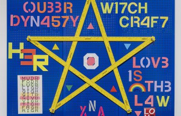 Blue background with a yellow star and with the words Queer Dynasty and Witch Craft