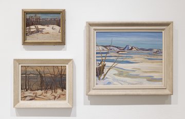 View of a white wall with three  landscape paintings