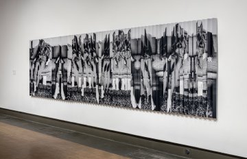 Image of wall covered with black and white imagery