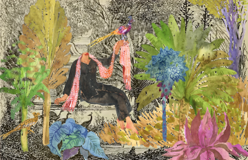 a hazy watercolour image with a woman who has no head and her arm is outstretched with  a bird sitting on it