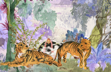 A hazy watercolour painting of a seated headless figure flanked by two relaxed tigers in a jewel-toned forest