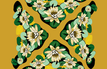 floral print inside of four triangles that are arranged to make a square on a bright yellow backdrop