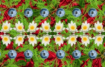 abstract floral print of yellow flowers, green branches, and blueberries on a dark pink background