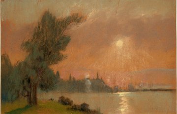 drawing of a sunset over the lakeshore with a tree rising up on the left side