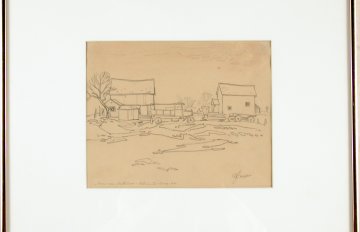 outline drawing of a barn, house, and truck