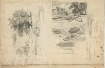 three landscape sketches of trees, waterfalls, and fields