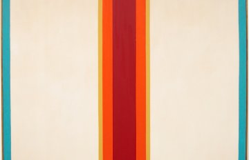 painting of a red vertical line with orange lines running alongside it on a white background