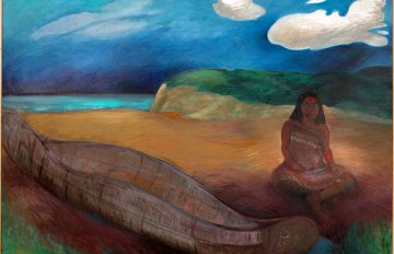 painting of an indigenous woman sitting on the ground beside a canoe