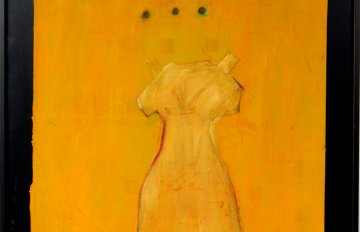 yellow painting with the outline of a female boy drawn onto it