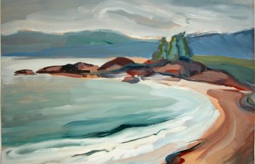 painted landscape of a curving beach shoreline