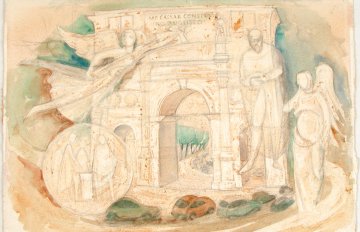 sketch of an archway and people on yellowed paper