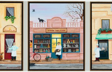 three pencil crayon drawings of the front of different stores