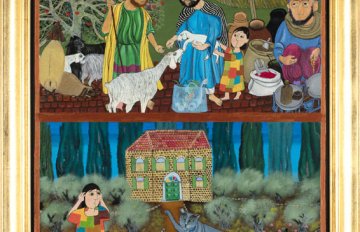 folk imagery of a man feeding a goat in the top half and on the bottom half the goat is being attacked by a panther with a frightened girl watching