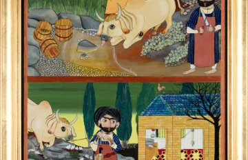 Folk imagery of a man finding a cow drinking water by the river and the bottom image is of him bringing the cow home