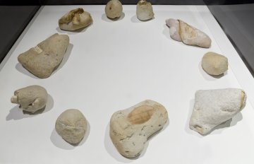 installation view of exhibition, close up of a circle of rocks