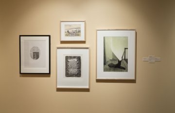 installation view of exhibition in a long hallway