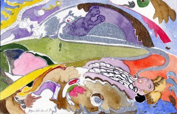 abstract painting of many colours in wavy obscure shapes and a woman's face near the bottom right corner