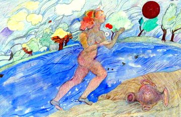 nude woman running along a riverside and a vase on the ground