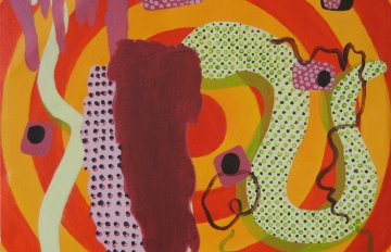red and yellow circles on the background with a snake in the middle