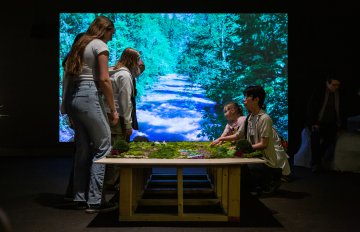 video projected onto the wall of nature landscapes and a table covered in moss and wood for sensory play in front with several people sitting beside it