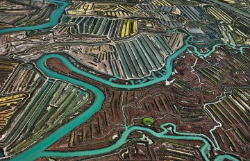 aerial photo of long winding rivers in a landscaped carved into farmland