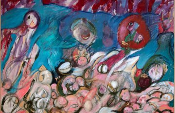 abstract painting of blues, reds, and pinks. Can almost make out bodies within it