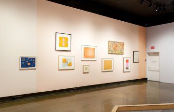 installation shot of gallery exhibition showcasing colourful pastel walls with frames hung on it and a hexagon shape made of wood in the centre