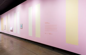 a pastel pink wall with pictures hung on it