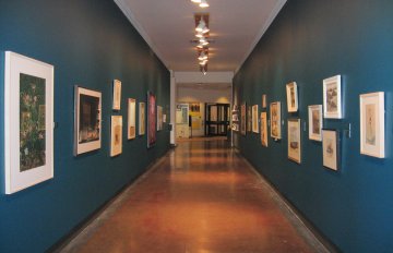 installation view of the exhibition in the long corridor with blue walls
