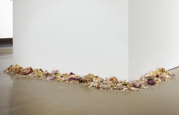 Dried flowers, paper flowers on the ground outling a wall