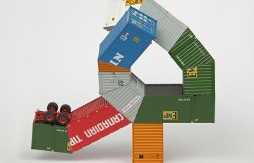 Multi-colored colored HO scale model parts of a toy truck merged with shipping containers