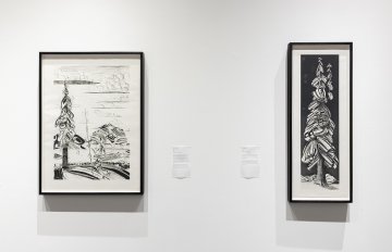 Two black and white sketches of the ovoid figures detailed in Lawrence Paul Yuxweluptun's paintings