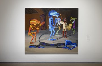 Abstract ovoid shaped figures standing behind a wolf-like creature with vibrant shades of blue fur