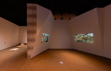 Installation view of "Land Bodies, Decomposing Mass" featuring two large screens protruding from separate walls and two sculptures of varying heights on the floor.