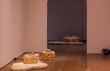 Installation view of the entryway to the exhibition with 4 sculptures on the floor emitting scents and 3 hanging wires. 