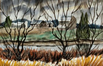 Bare trees in a field-like background, Watercolour over graphite on paper
