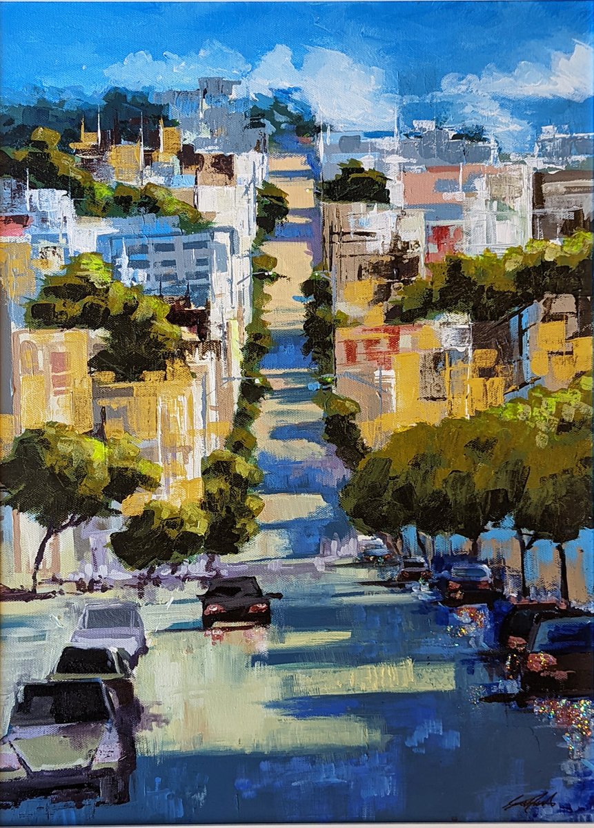 Painting of a long street extending to a distant blue horizon with sun-dappled buildings, trees and cars to either side of the road
