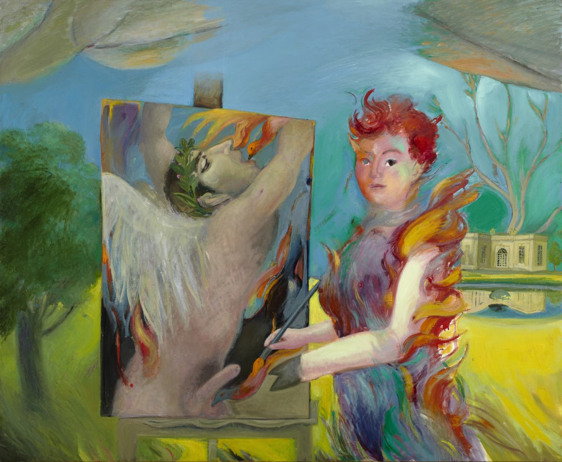 A portrait of the artist with spiking red hair wearing a blue dress, her arm on fire as gestures to an easel painting of a nude winged male among flames; both are posed in a pastoral landscape