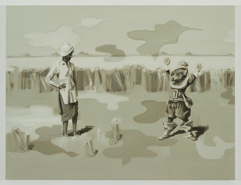greyscale painting of a cat in boots trying to scare a man in a turban