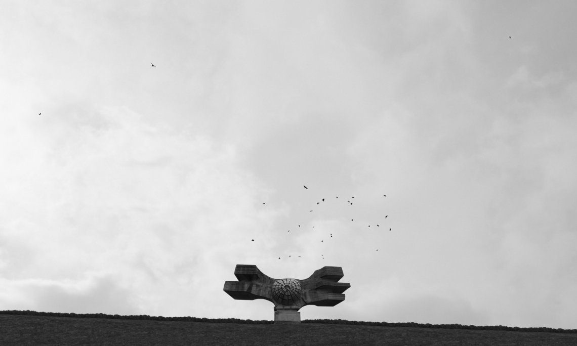 Black and white photograph of a statue in a field with birds flying in the sky