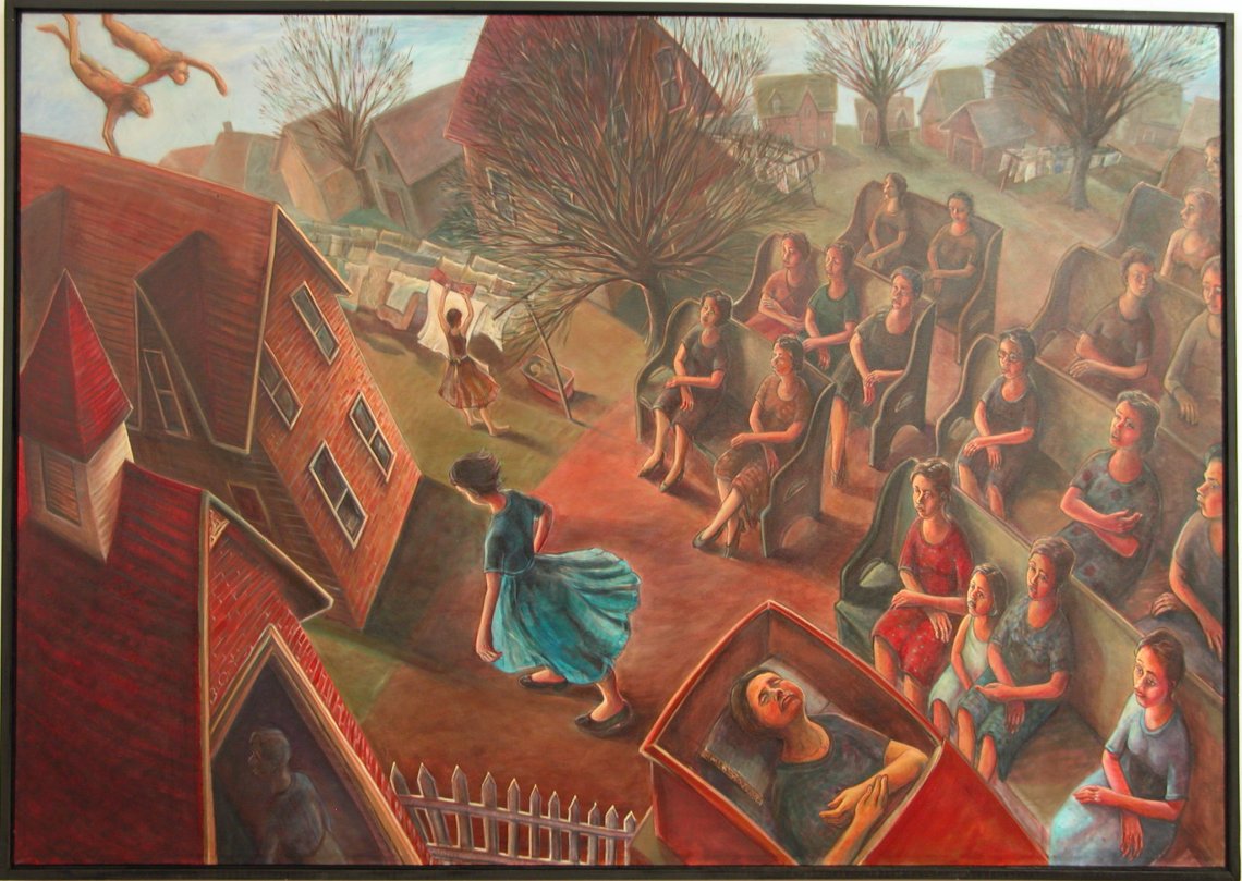 drawing of people outside sitting in pews with a person ins a casket with houses around them and a person hanging up their laundry