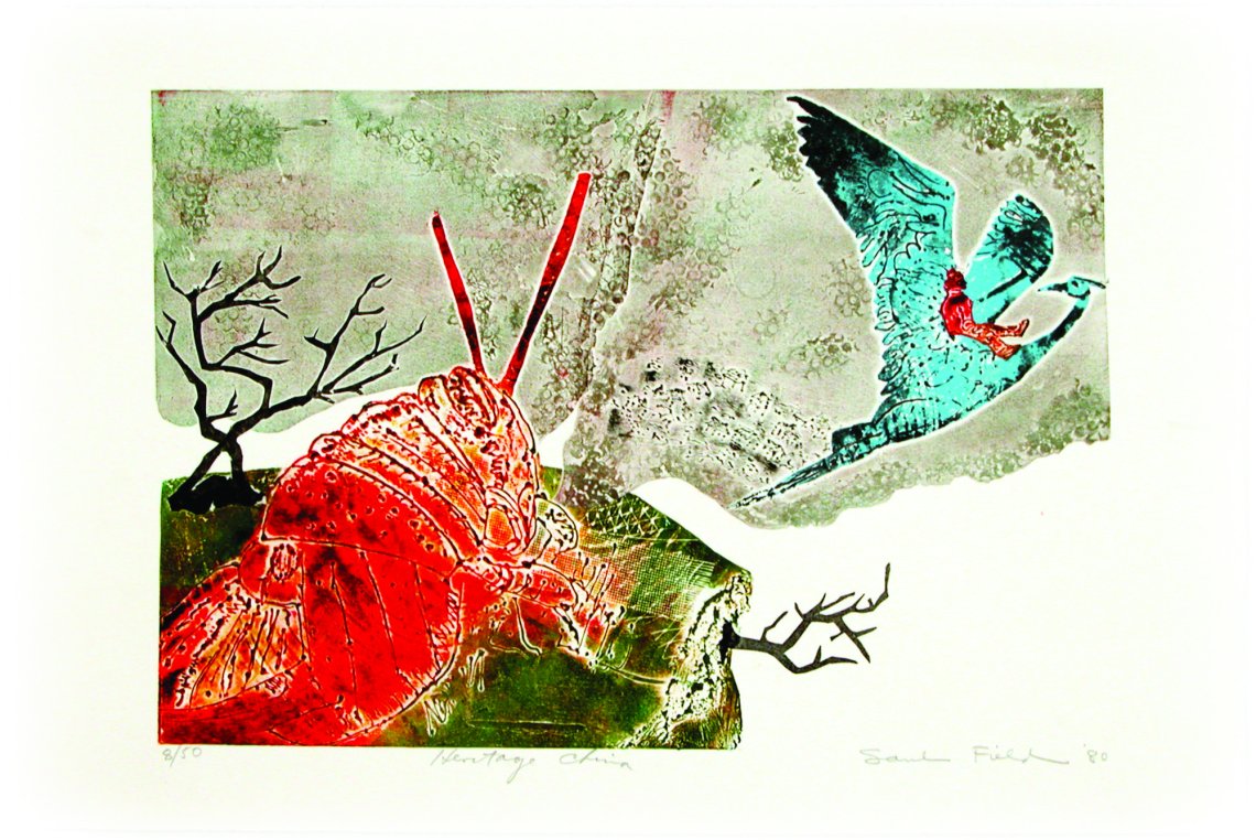 a print of a blue bird flying away with a person on its back from a large lobster.